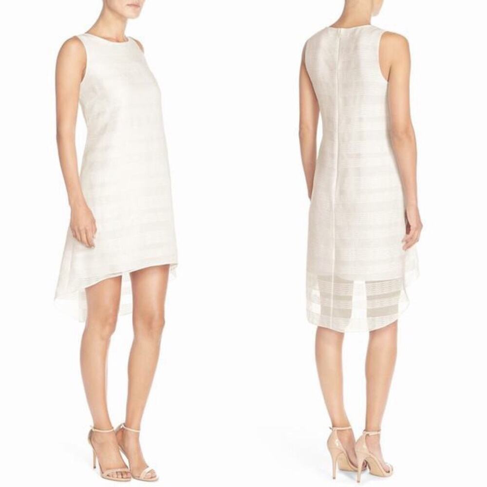 NEW Vince Camuto Organza High-Low Lined Dress - White Textured Stripe, Size 12